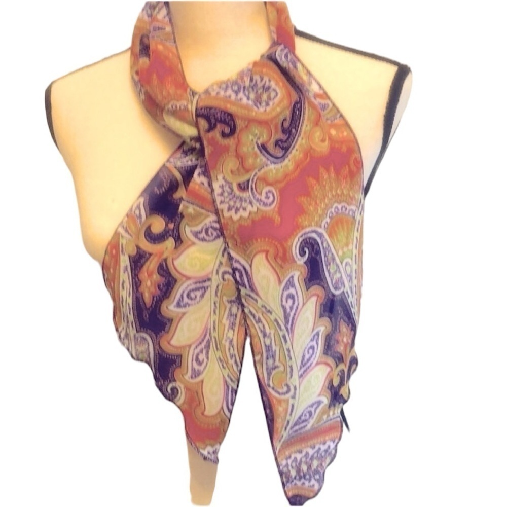 Oblong Scarf Purple Coral Pink and Lime Green Paisley Print